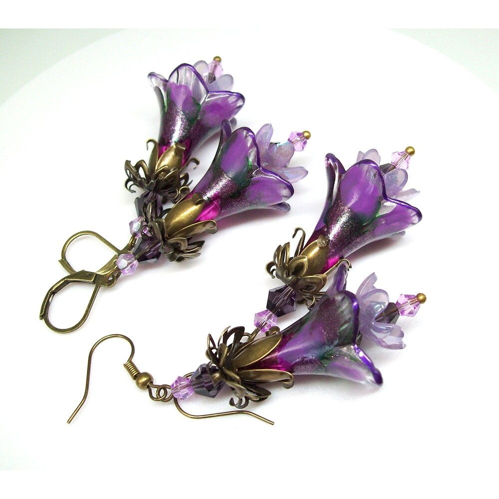 Art Nouveau Earrings Vintage Style, Purple, Antique Bronze, Hand Painted Artisan